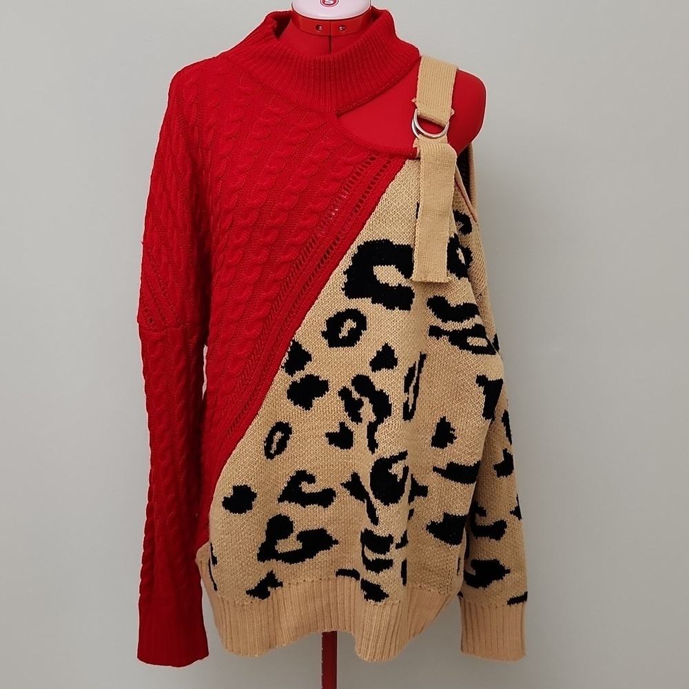 Womens Ribbed Cable knit Red and Leopard Print one shoulder Pullover turtleneck - Picture 2 of 9